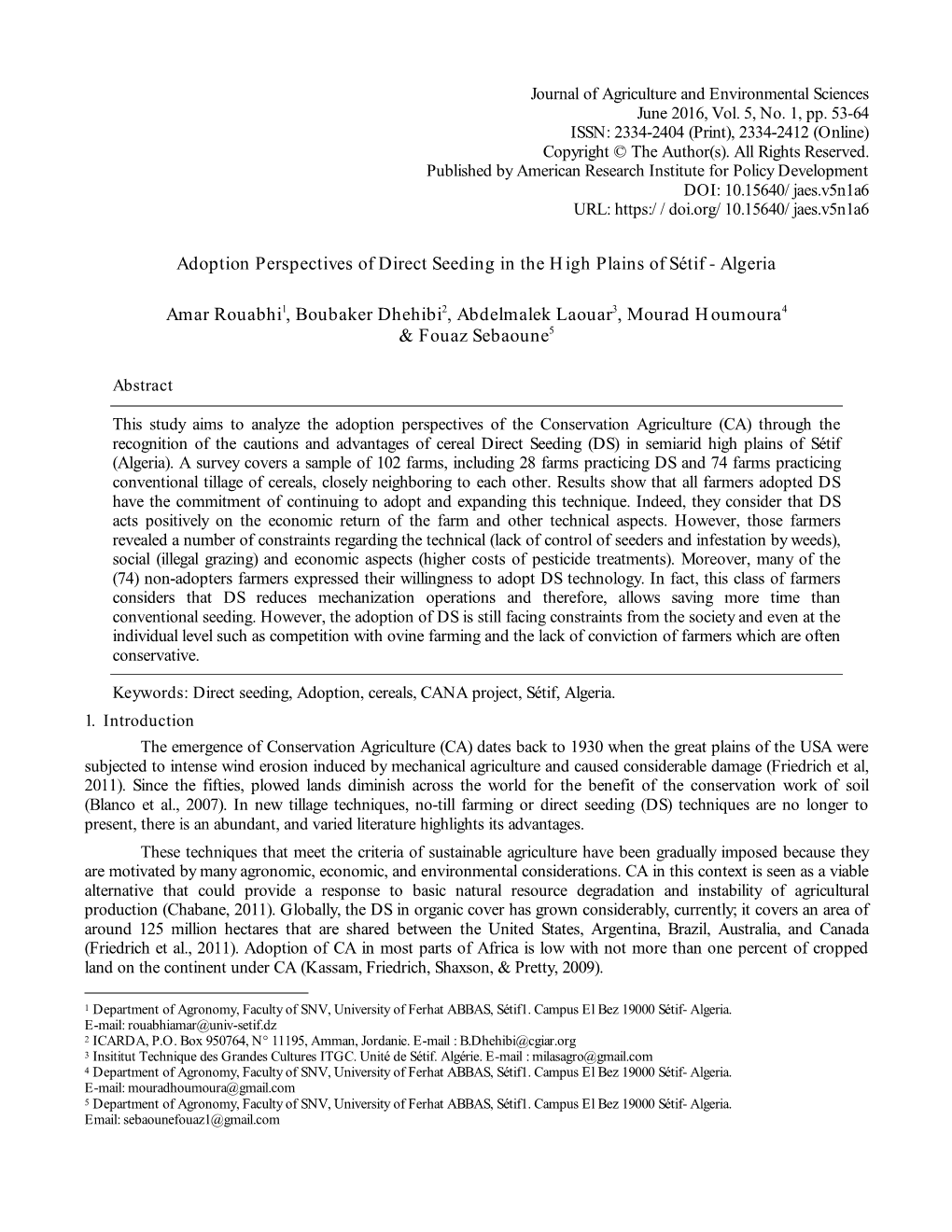 Adoption Perspectives of Direct Seeding in the High Plains of Sétif - Algeria