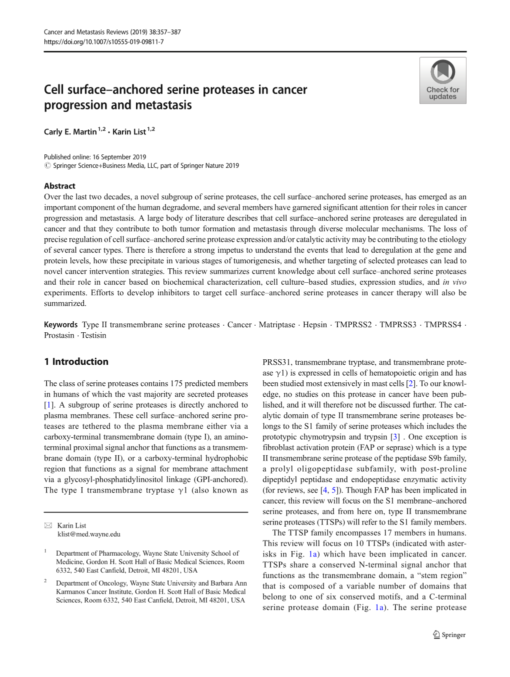 Cell Surface–Anchored Serine Proteases in Cancer Progression and Metastasis