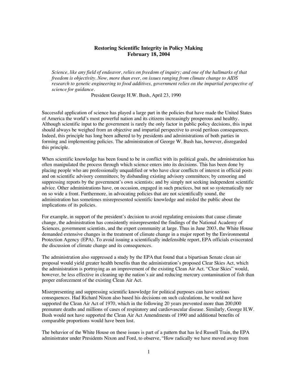 1 Restoring Scientific Integrity in Policy Making February 18, 2004