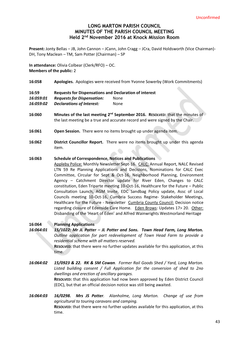 LONG MARTON PARISH COUNCIL MINUTES of the PARISH COUNCIL MEETING Held 2Nd November 2016 at Knock Mission Room