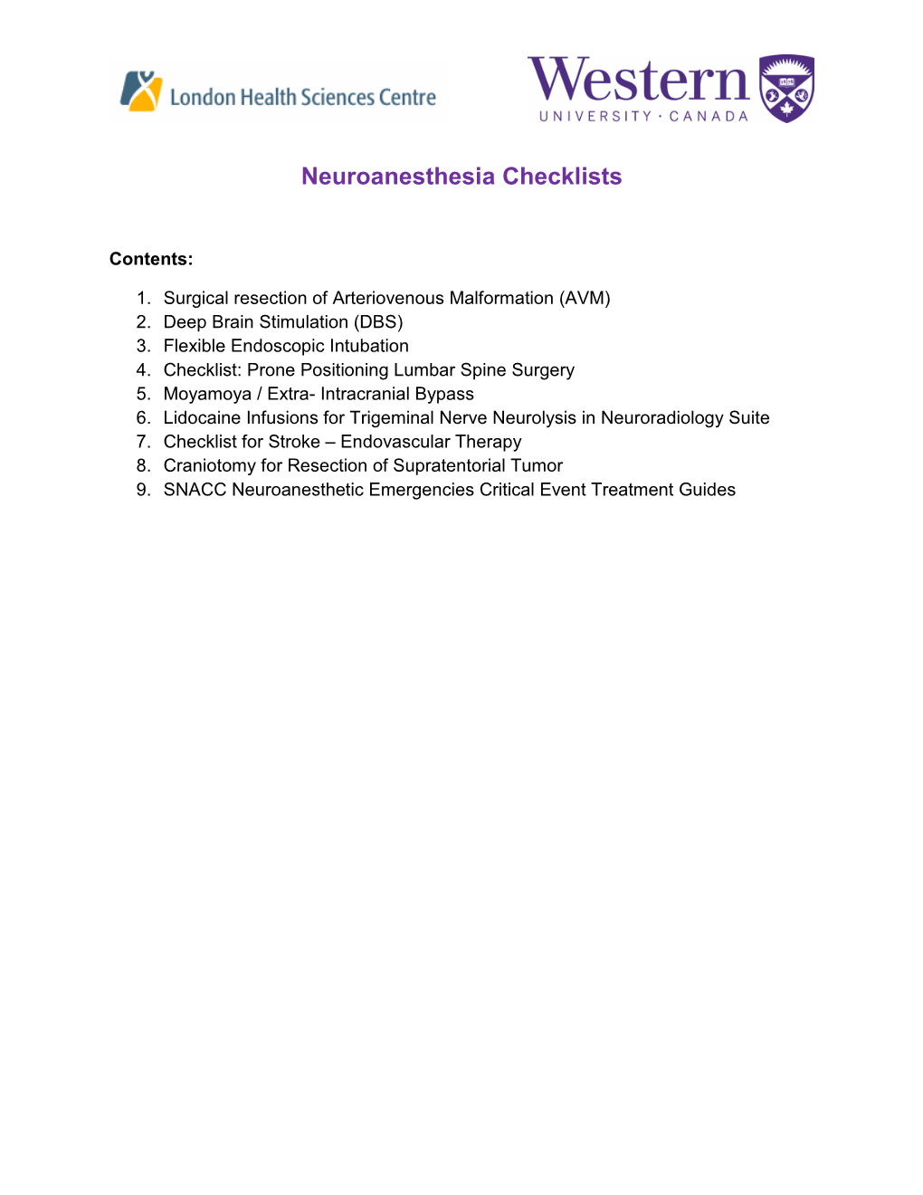 Neuroanesthesia Checklists