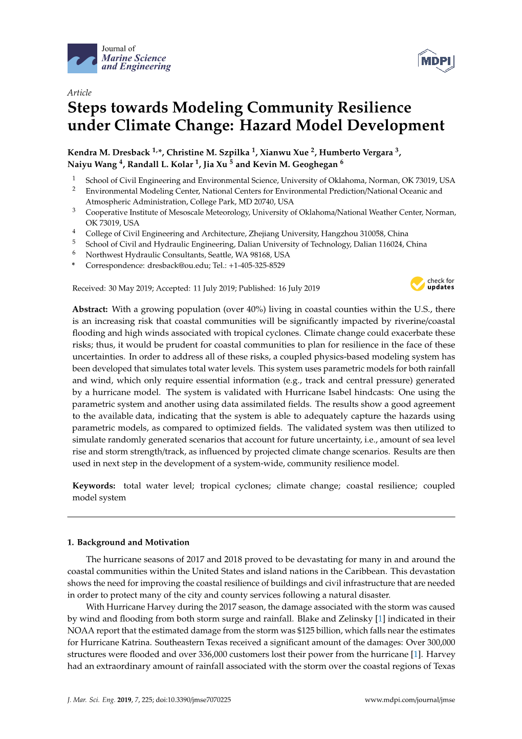 Steps Towards Modeling Community Resilience Under Climate Change: Hazard Model Development