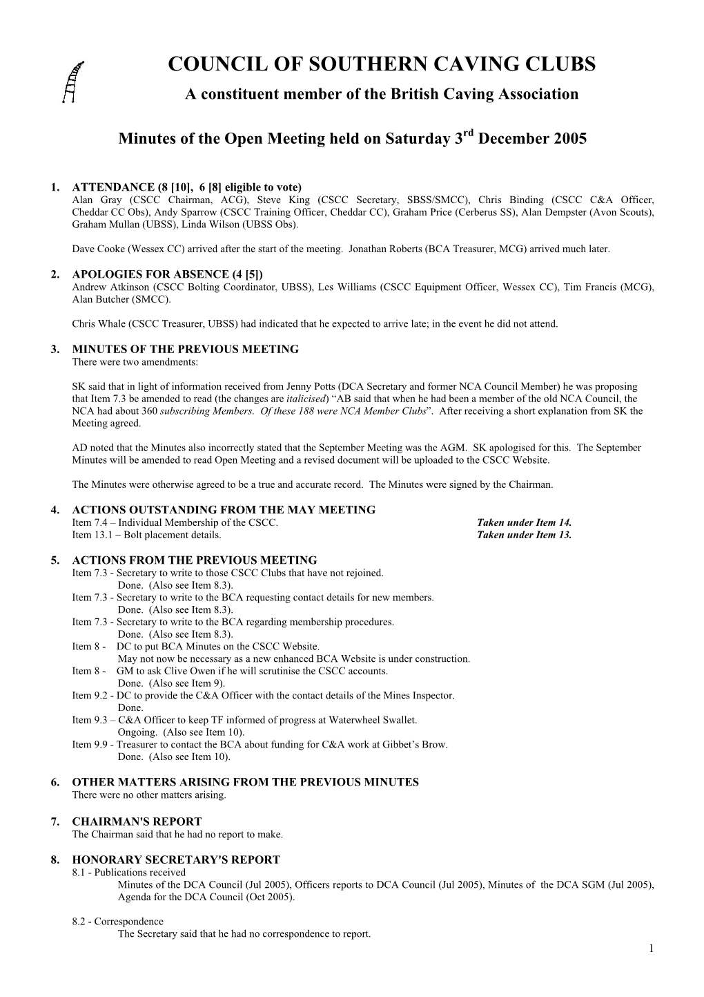 COUNCIL of SOUTHERN CAVING CLUBS a Constituent Member of the British Caving Association