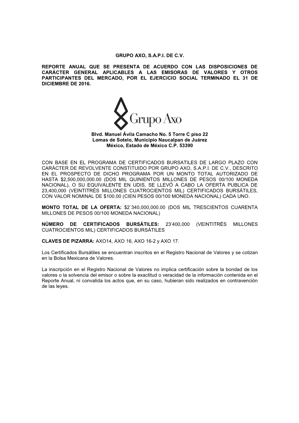 Grupo Axo, S.A.P.I. De C.V. Reporte Anual