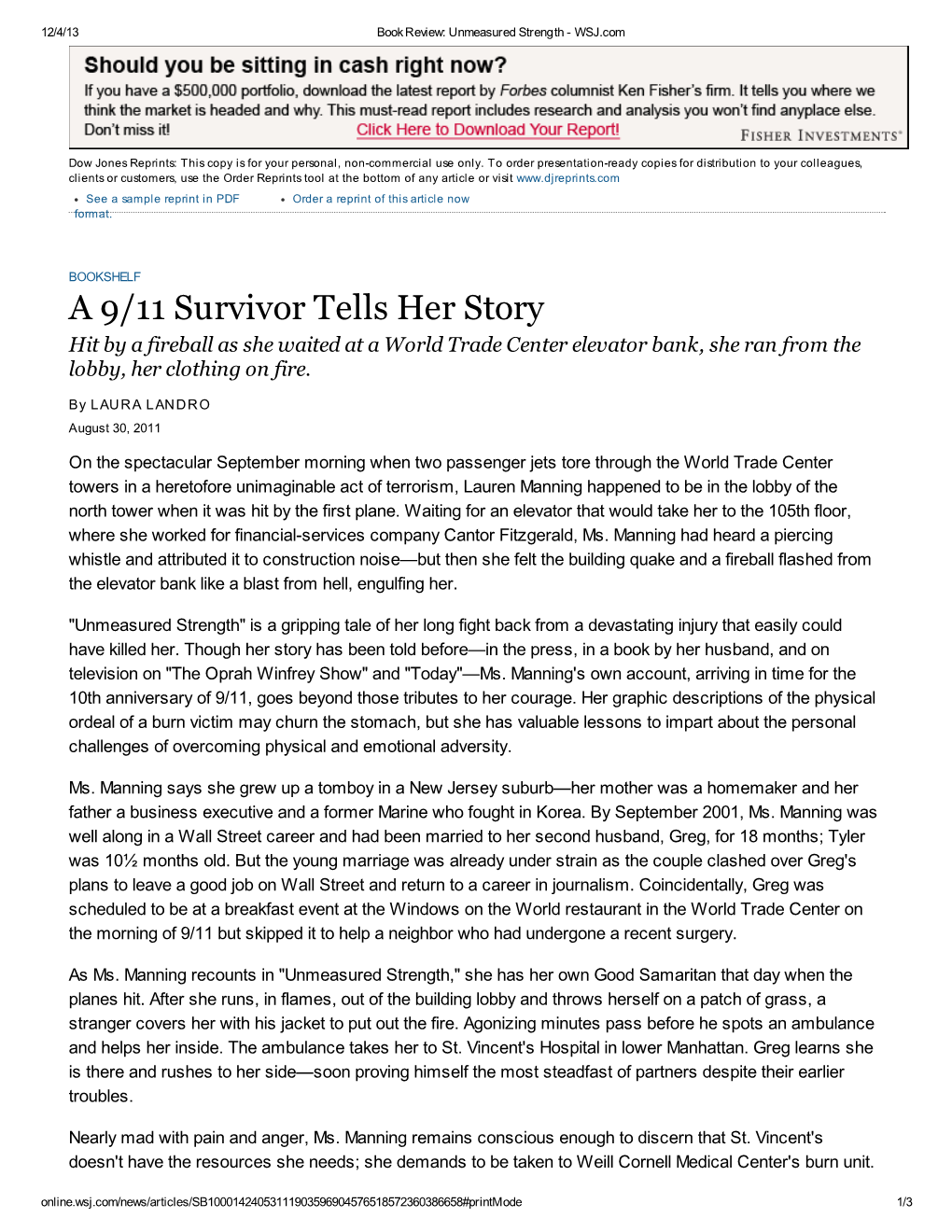 A 9/11 Survivor Tells Her Story Hit by a Fireball As She Waited at a World Trade Center Elevator Bank, She Ran from the Lobby, Her Clothing on Fire