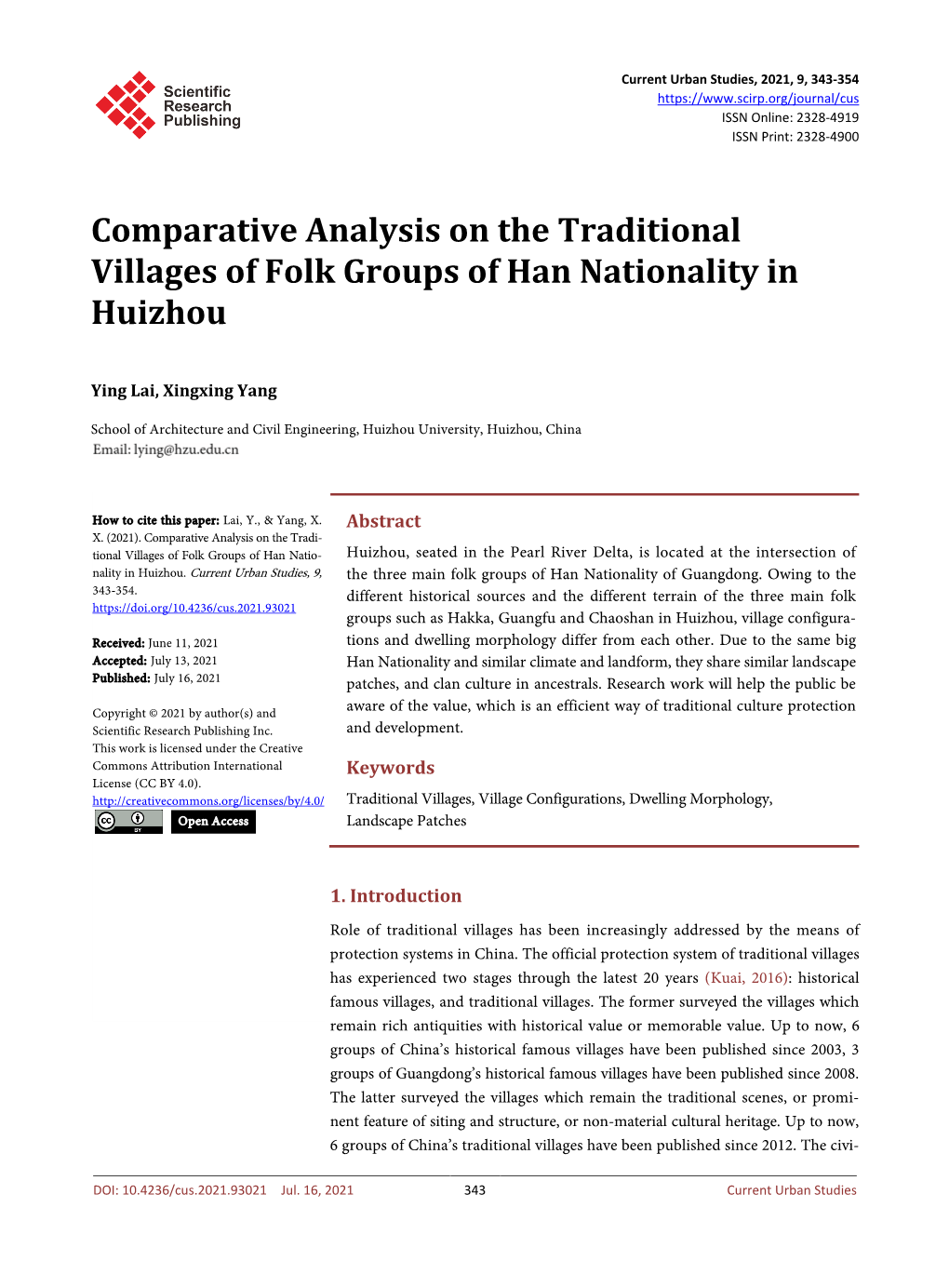 Comparative Analysis on the Traditional Villages of Folk Groups of Han Nationality in Huizhou