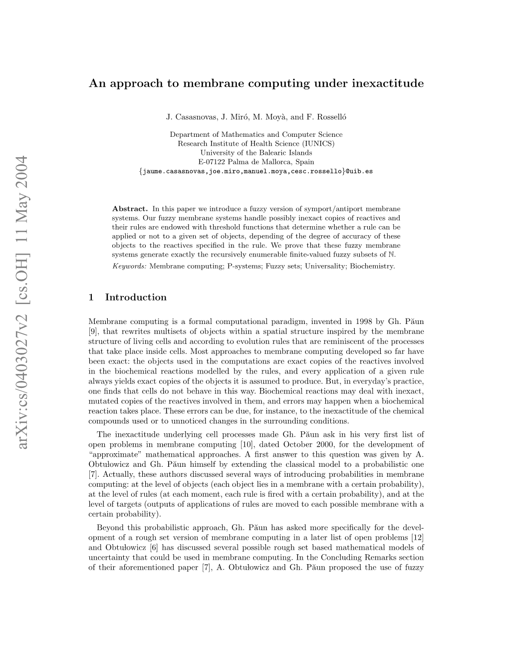 Arxiv:Cs/0403027V2 [Cs.OH] 11 May 2004 Napoc Ommrn Optn Ne Inexactitude Under Computing Membrane to Approach an Fteraoeetoe Ae 7,A Bulwc N H P˘Aun Pro Gh