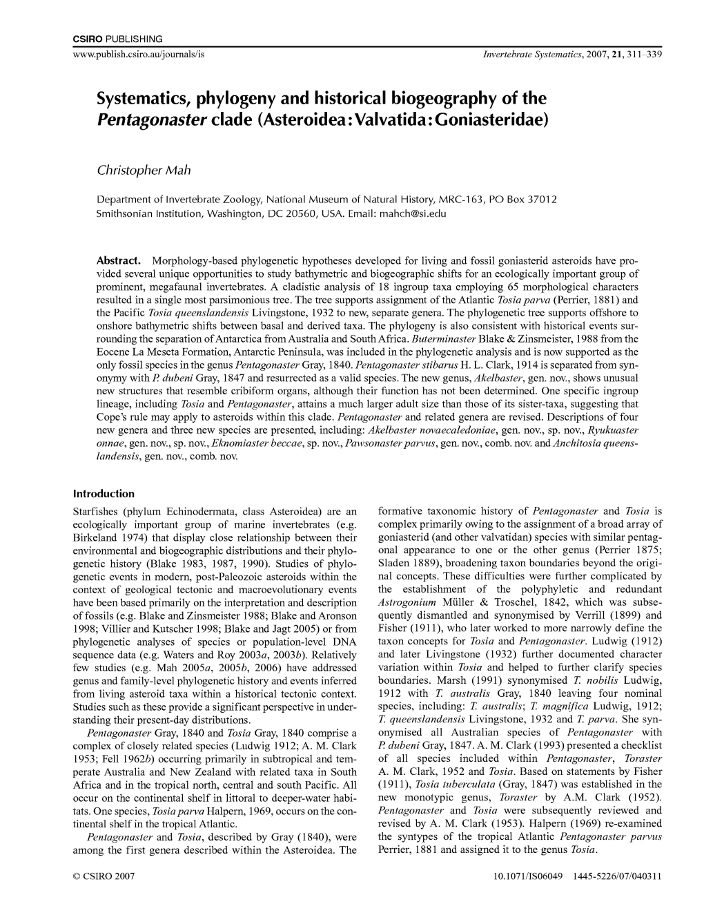 Systematics, Phylogeny and Historical Biogeography of the Pentagonaster Clade (Asteroidea: Valvatida: Goniasteridae)