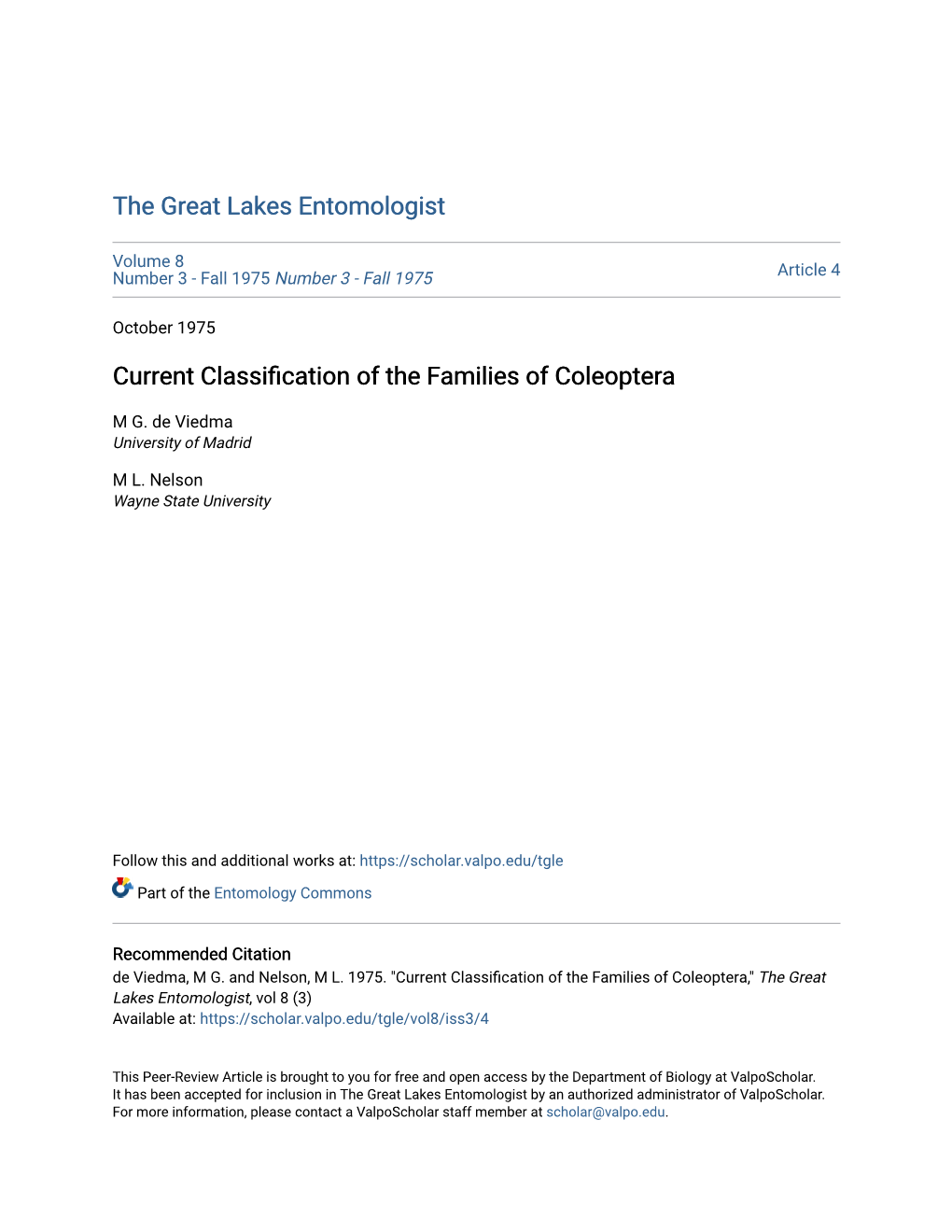 Current Classification of the Families of Coleoptera