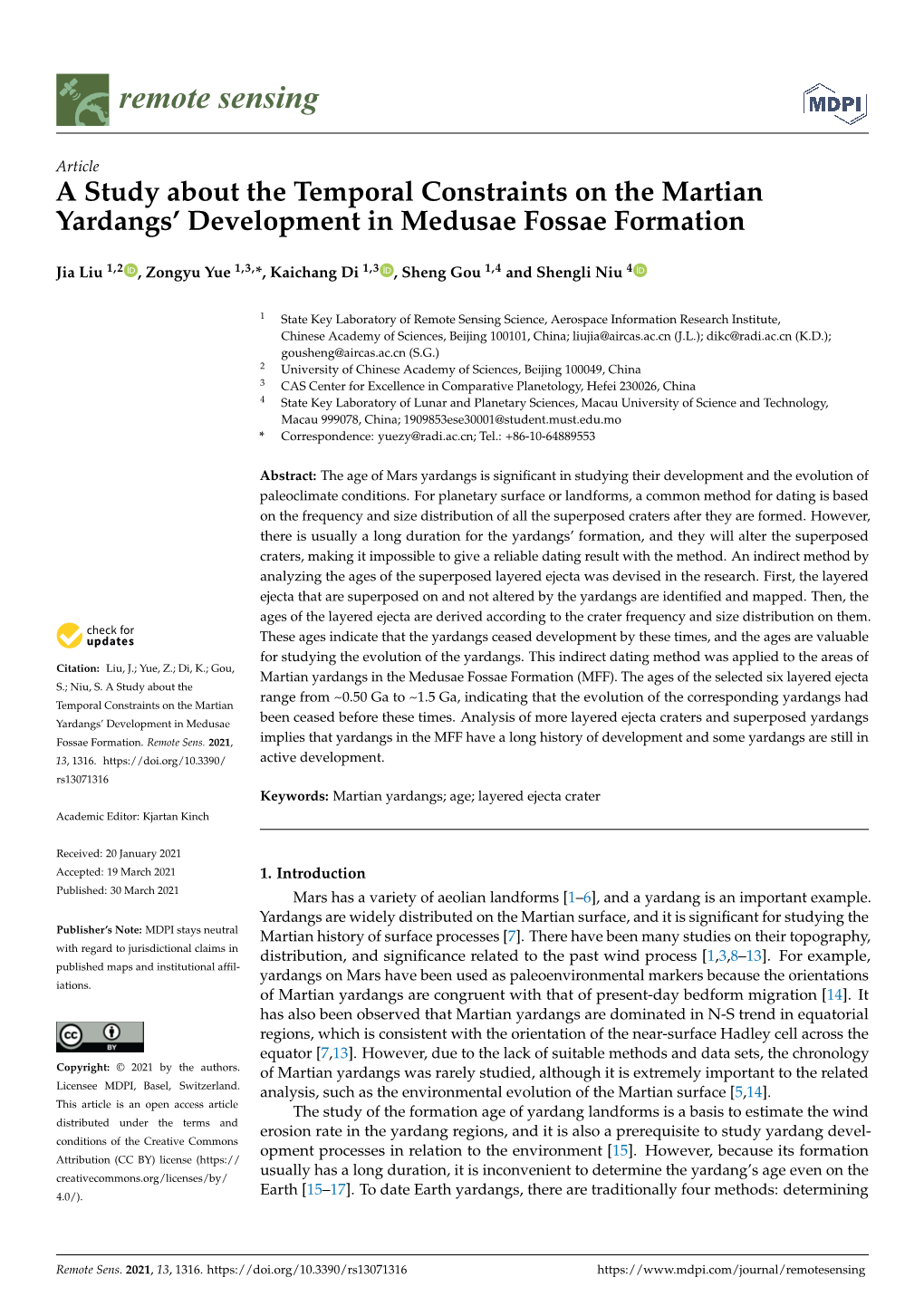 A Study About the Temporal Constraints on the Martian Yardangs’ Development in Medusae Fossae Formation