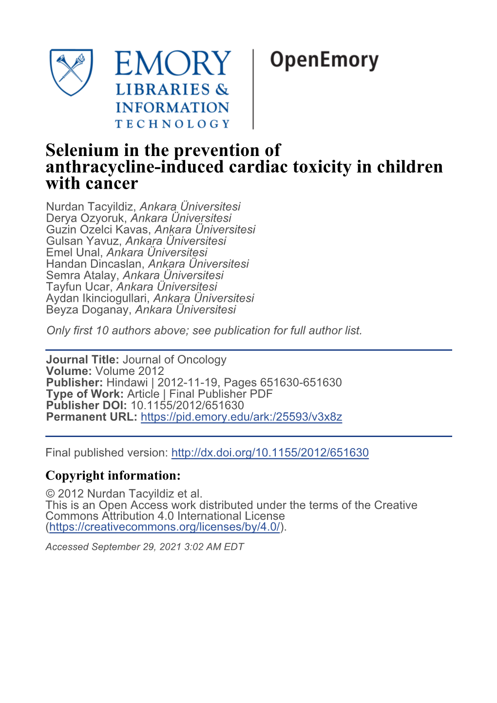 Selenium in the Prevention of Anthracycline