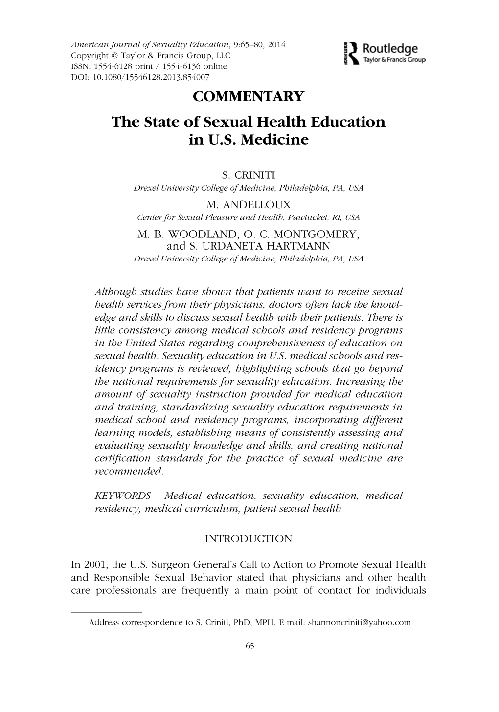 COMMENTARY the State of Sexual Health Education in U.S. Medicine