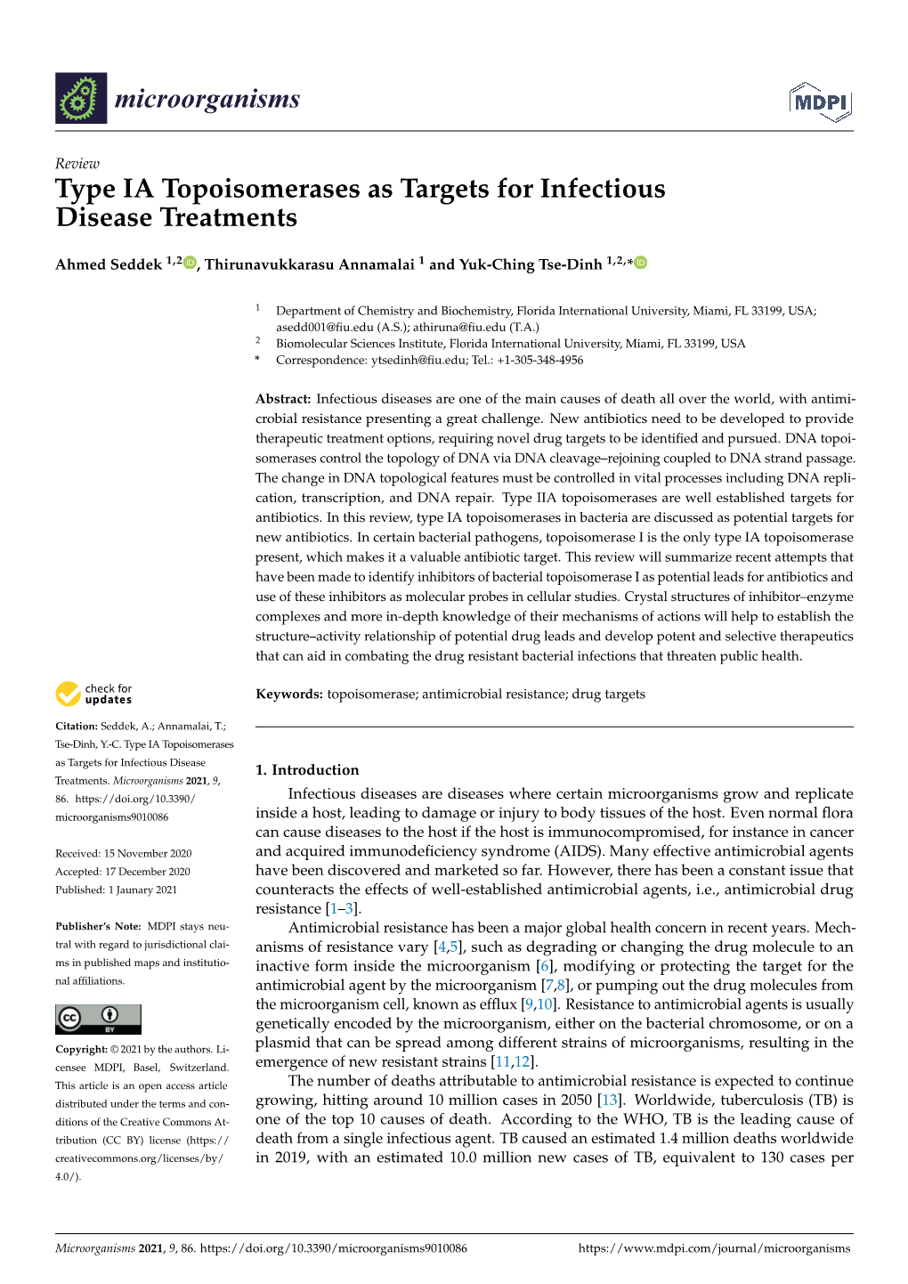 Type IA Topoisomerases As Targets for Infectious Disease Treatments