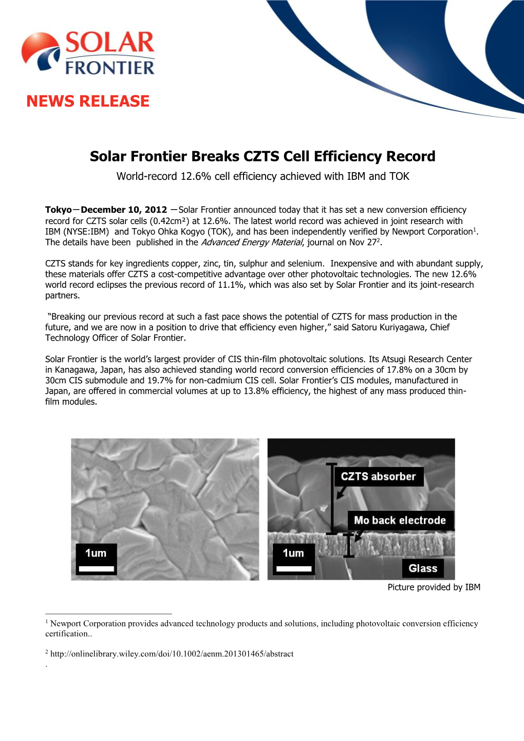 Solar Frontier Breaks CZTS Cell Efficiency Record World-Record 12.6% Cell Efficiency Achieved with IBM and TOK