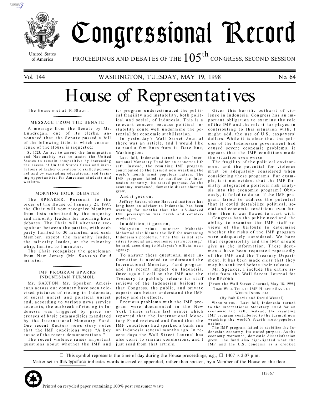 Congressional Record United States Th of America PROCEEDINGS and DEBATES of the 105 CONGRESS, SECOND SESSION