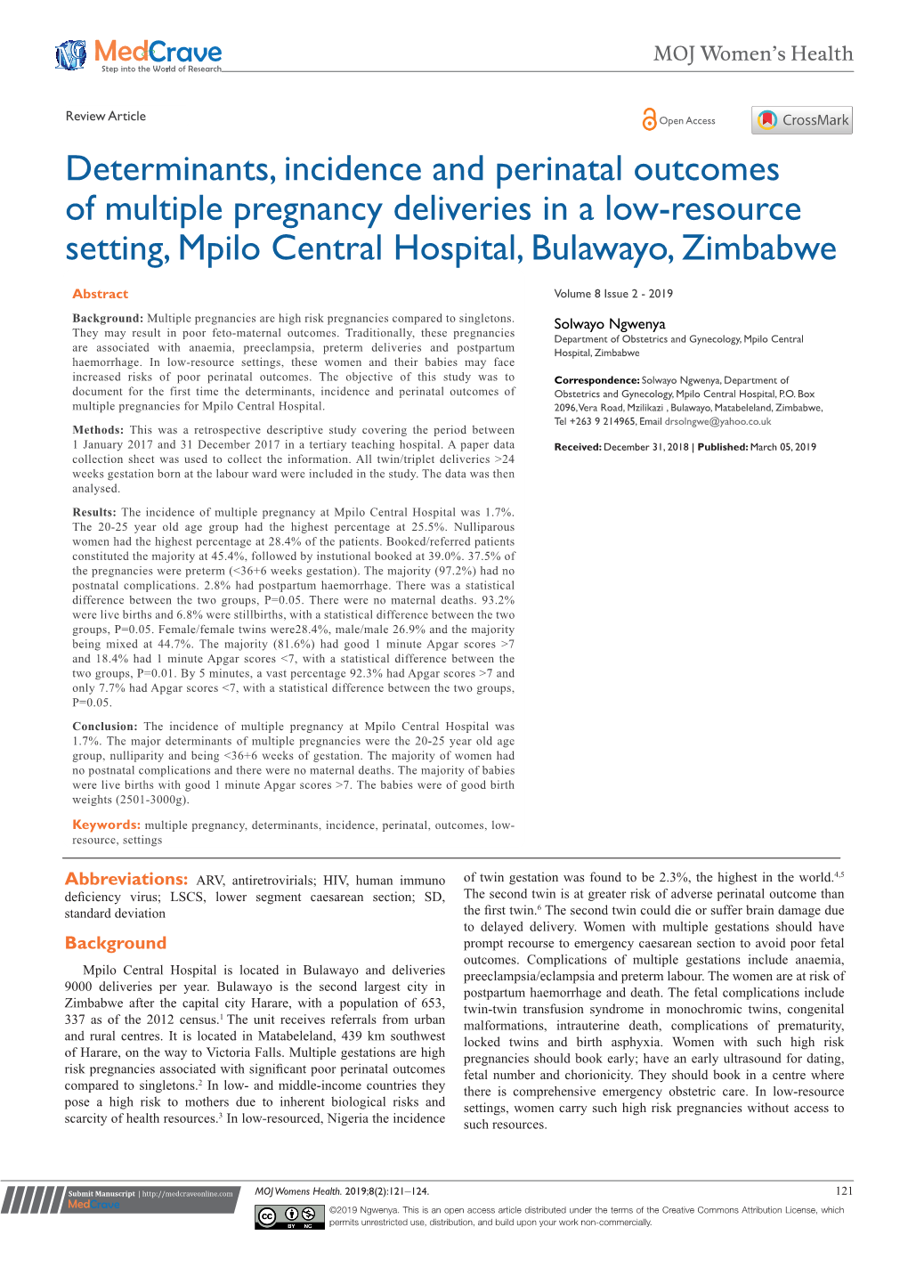 Determinants, Incidence and Perinatal Outcomes of Multiple Pregnancy Deliveries in a Low-Resource Setting, Mpilo Central Hospital, Bulawayo, Zimbabwe