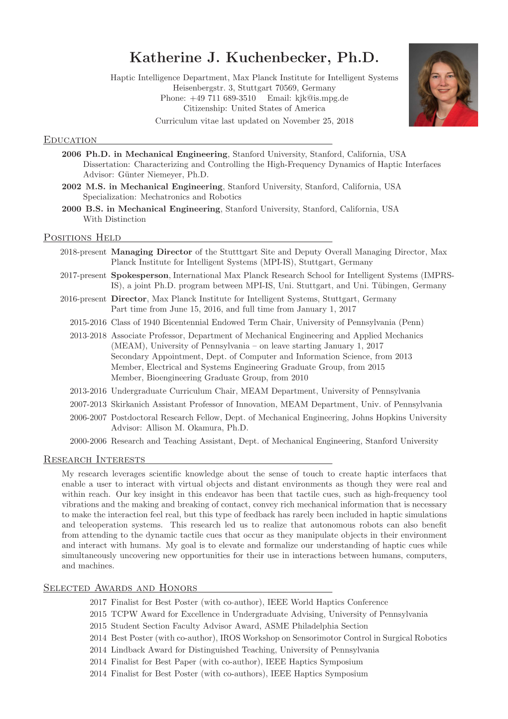 Curriculum Vitae of Katherine J. Kuchenbecker