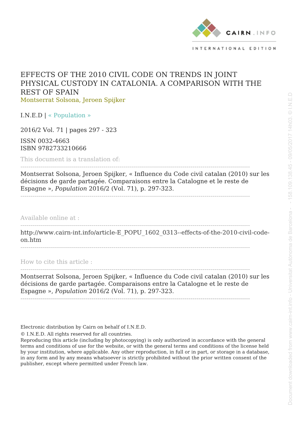 Effects of the 2010 Civil Code on Trends in Joint Physical Custody in Catalonia