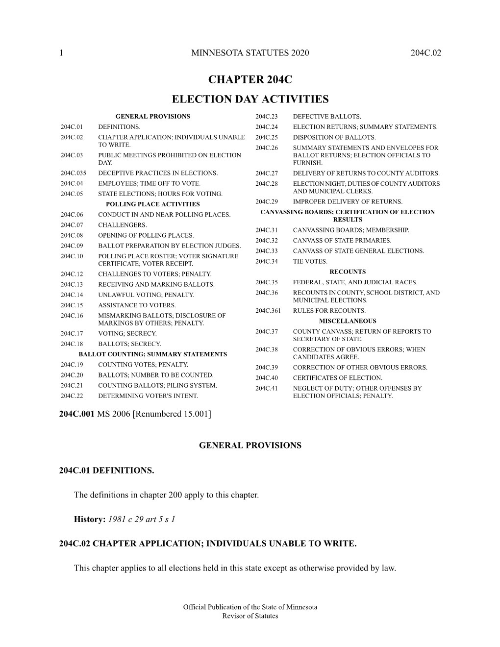 Minnesota Statutes 2020, Chapter 204C