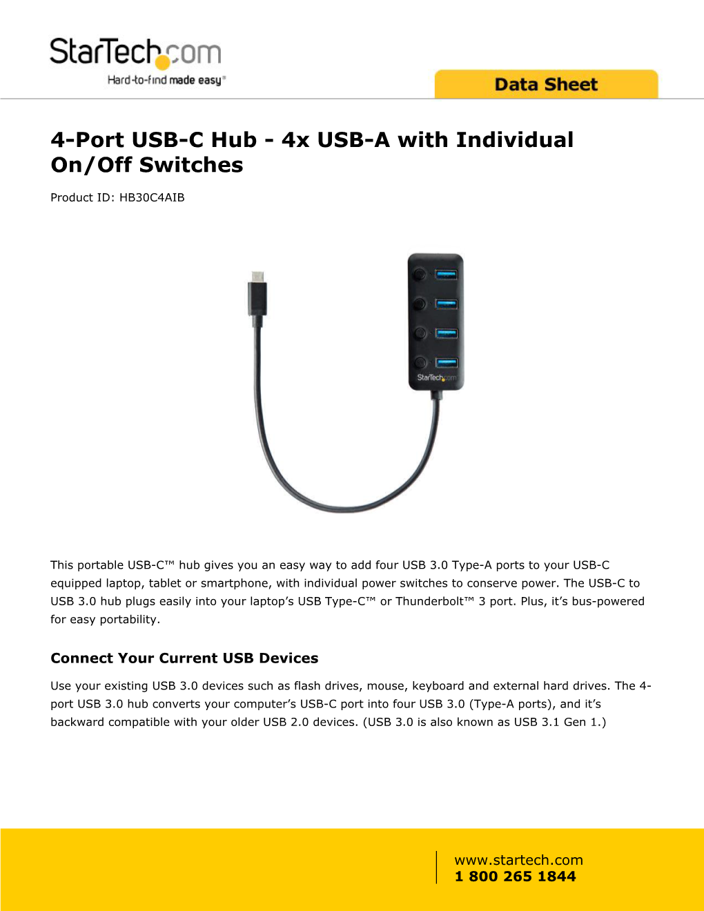 4-Port USB-C Hub - 4X USB-A with Individual On/Off Switches