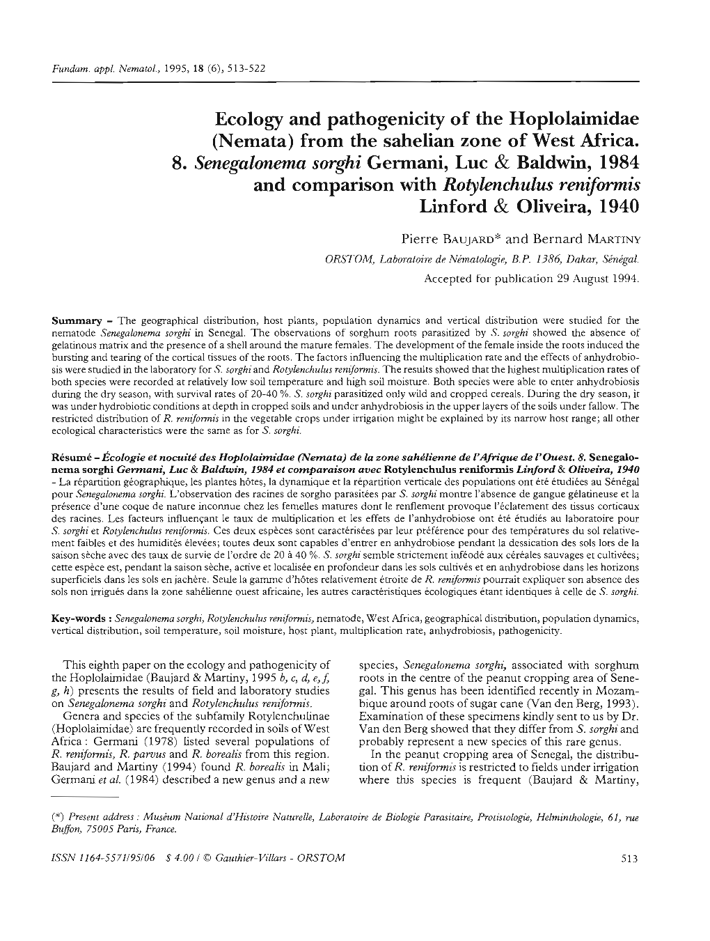 Ecology and Pathogenicity of the Hoplolaimidae (Nemata) from the Sahelian Zone of West Mrica