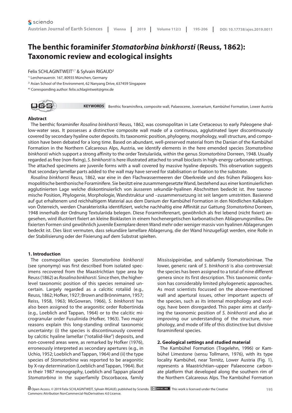 The Benthic Foraminifer Stomatorbina Binkhorsti (Reuss, 1862): Taxonomic Review and Ecological Insights