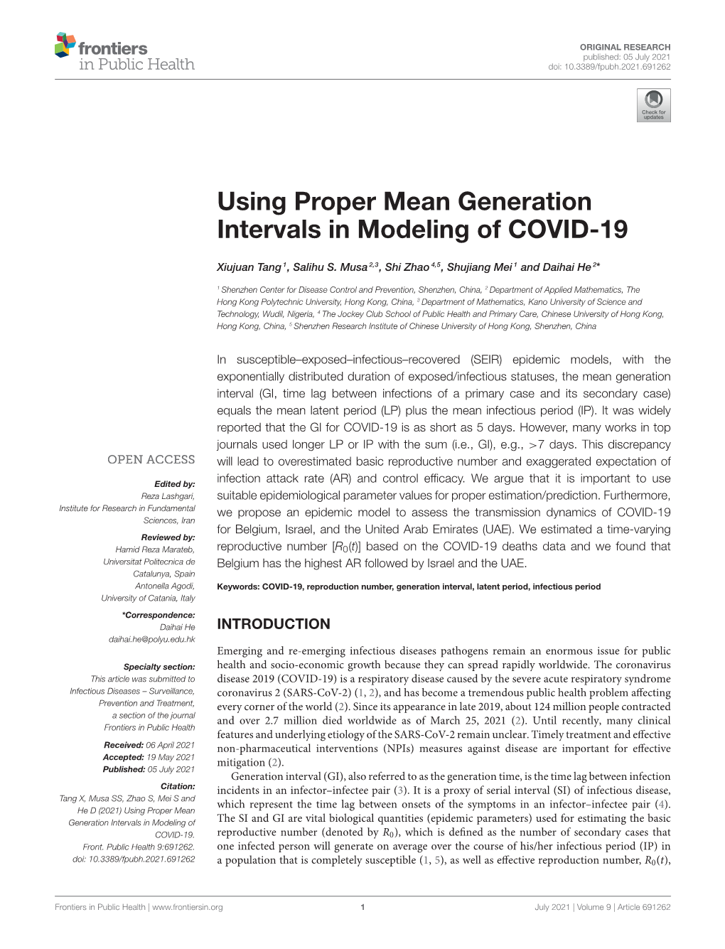 Using Proper Mean Generation Intervals in Modeling of COVID-19