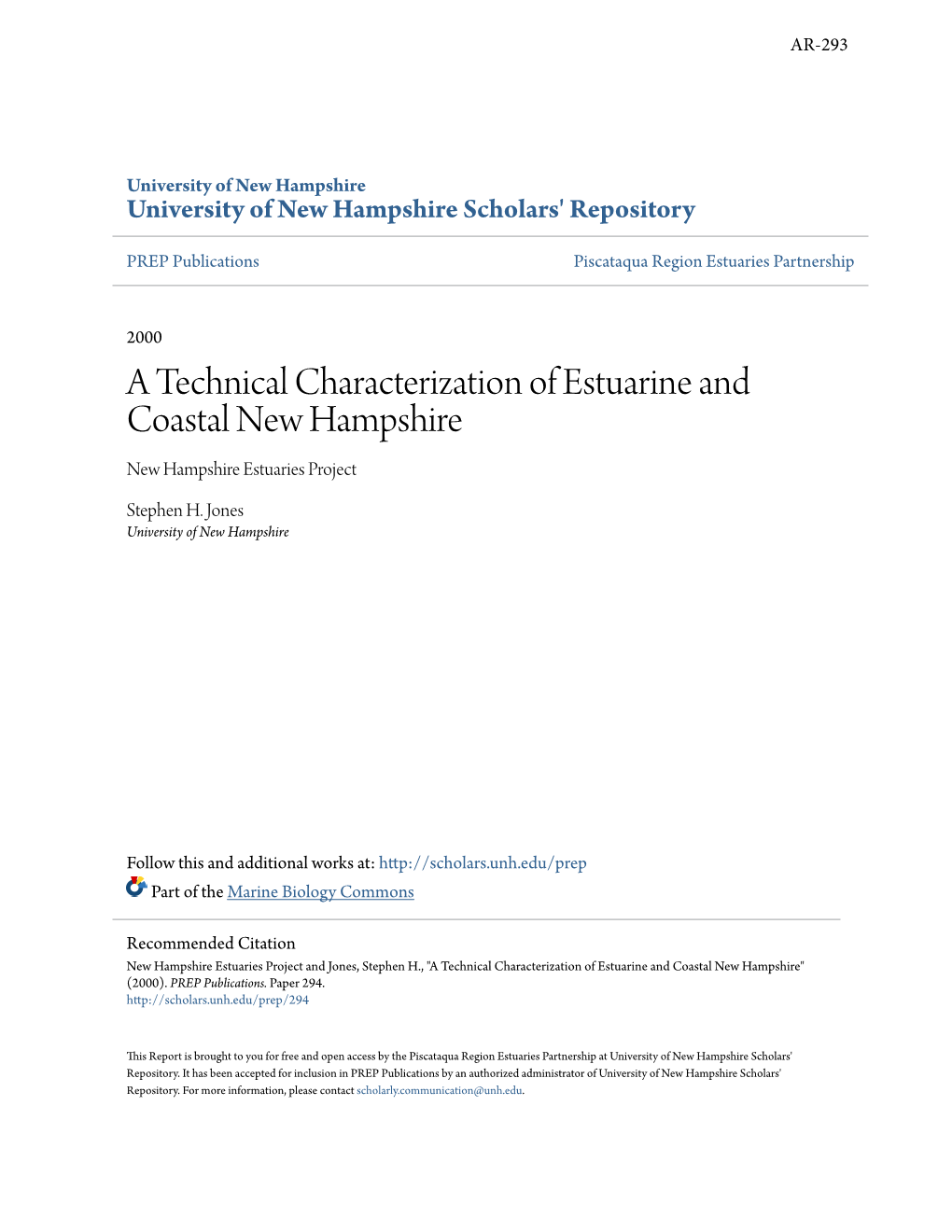 A Technical Characterization of Estuarine and Coastal New Hampshire New Hampshire Estuaries Project