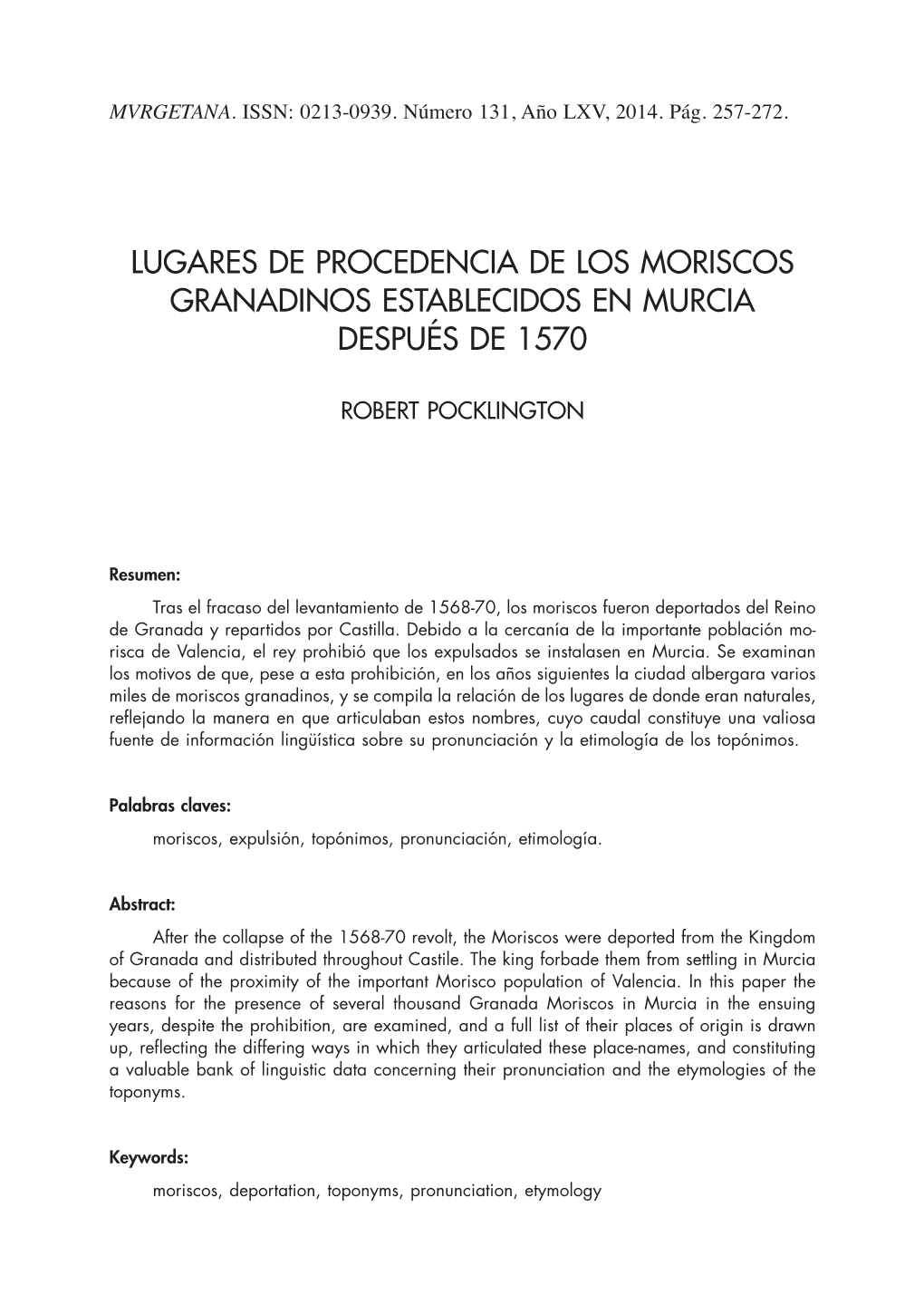 Lugares De Procedencia De Los Moriscos Granadinos Establecidos En Murcia Después De 1570