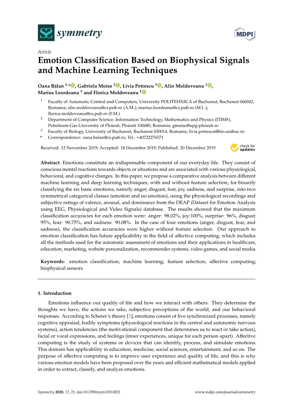 Emotion Classification Based on Biophysical Signals and Machine Learning Techniques