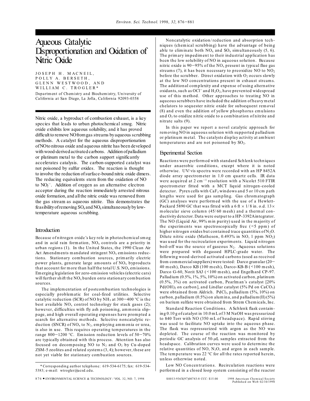 Aqueous Catalytic Disproportionation and Oxidation of Nitric Oxide