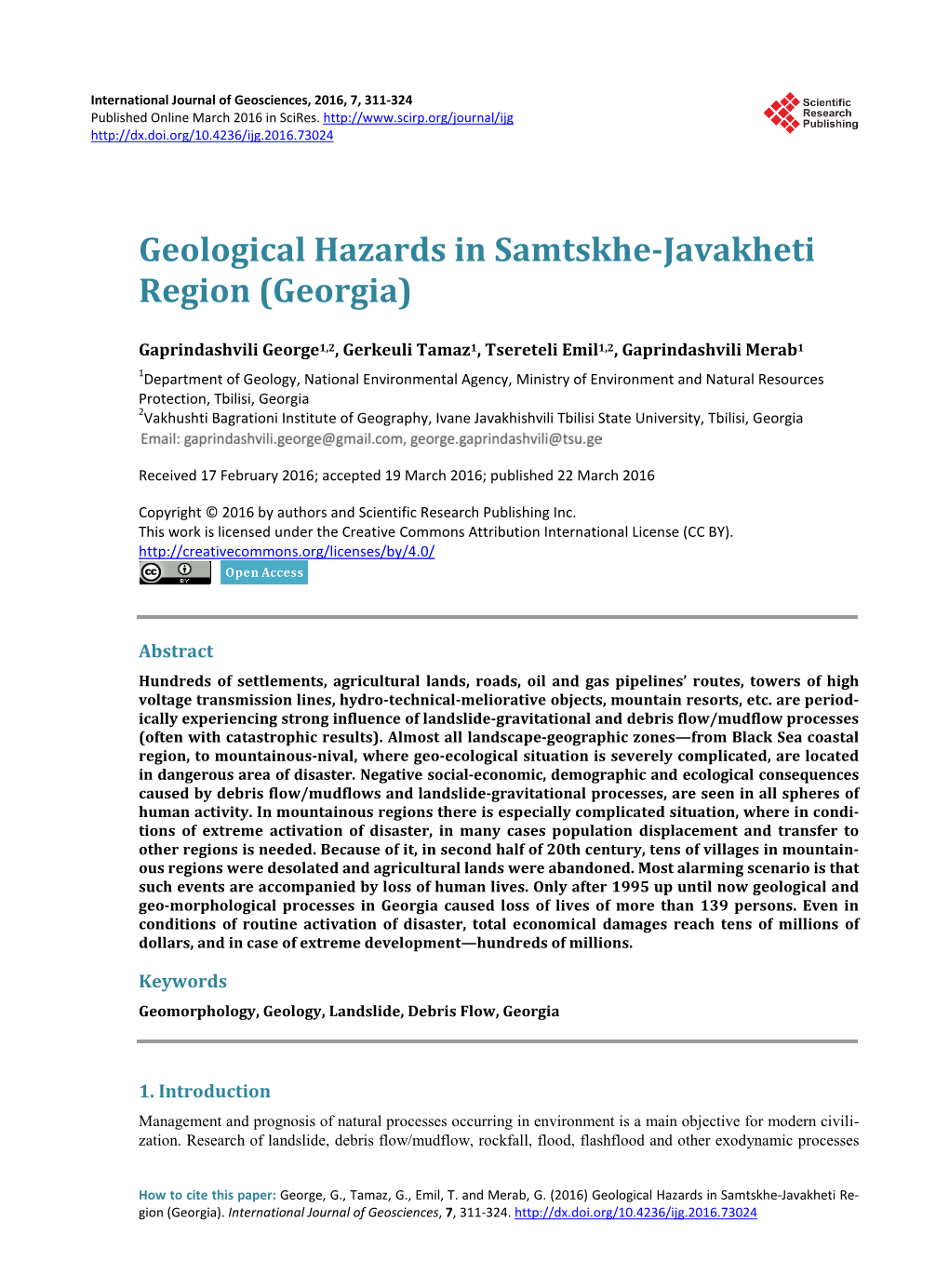 Geological Hazards in Samtskhe-Javakheti Region (Georgia)