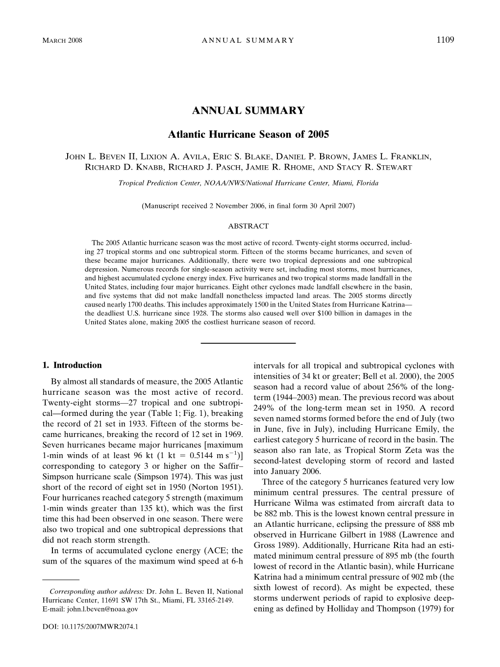 ANNUAL SUMMARY Atlantic Hurricane Season of 2005