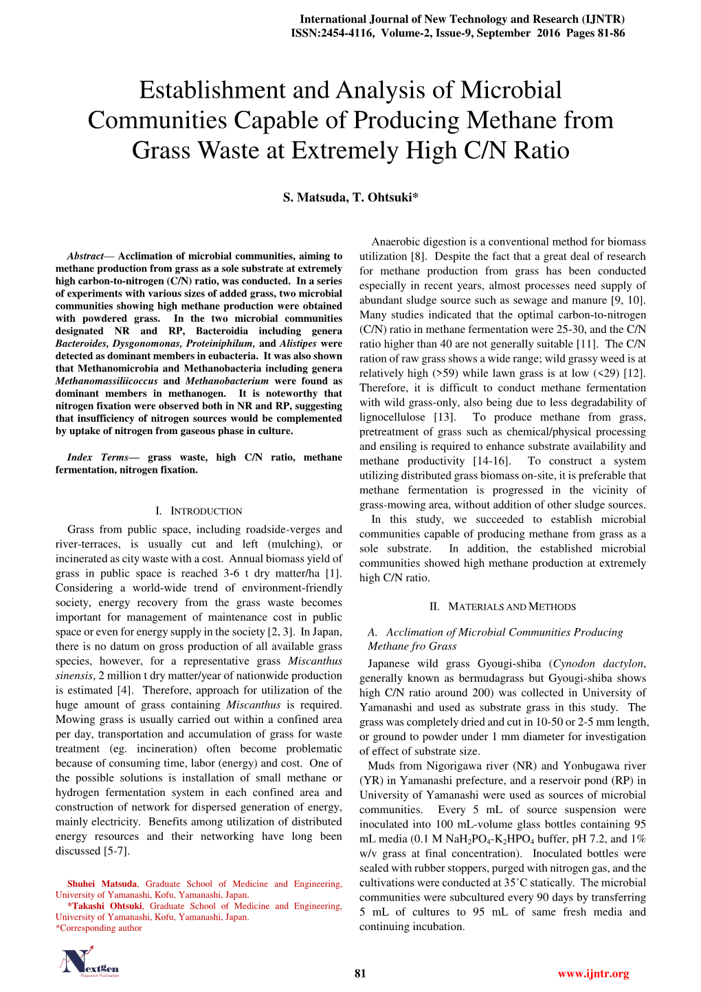 Establishment and Analysis of Microbial Communities Capable of Producing Methane from Grass Waste at Extremely High C/N Ratio