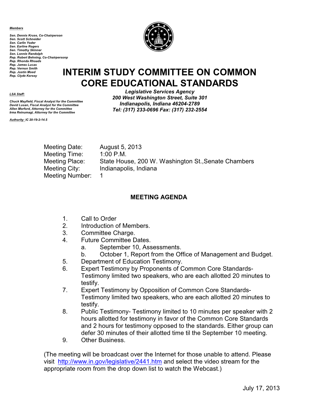 NT 8/5/2013 Interim Study Committee on Common Core Educational Stand