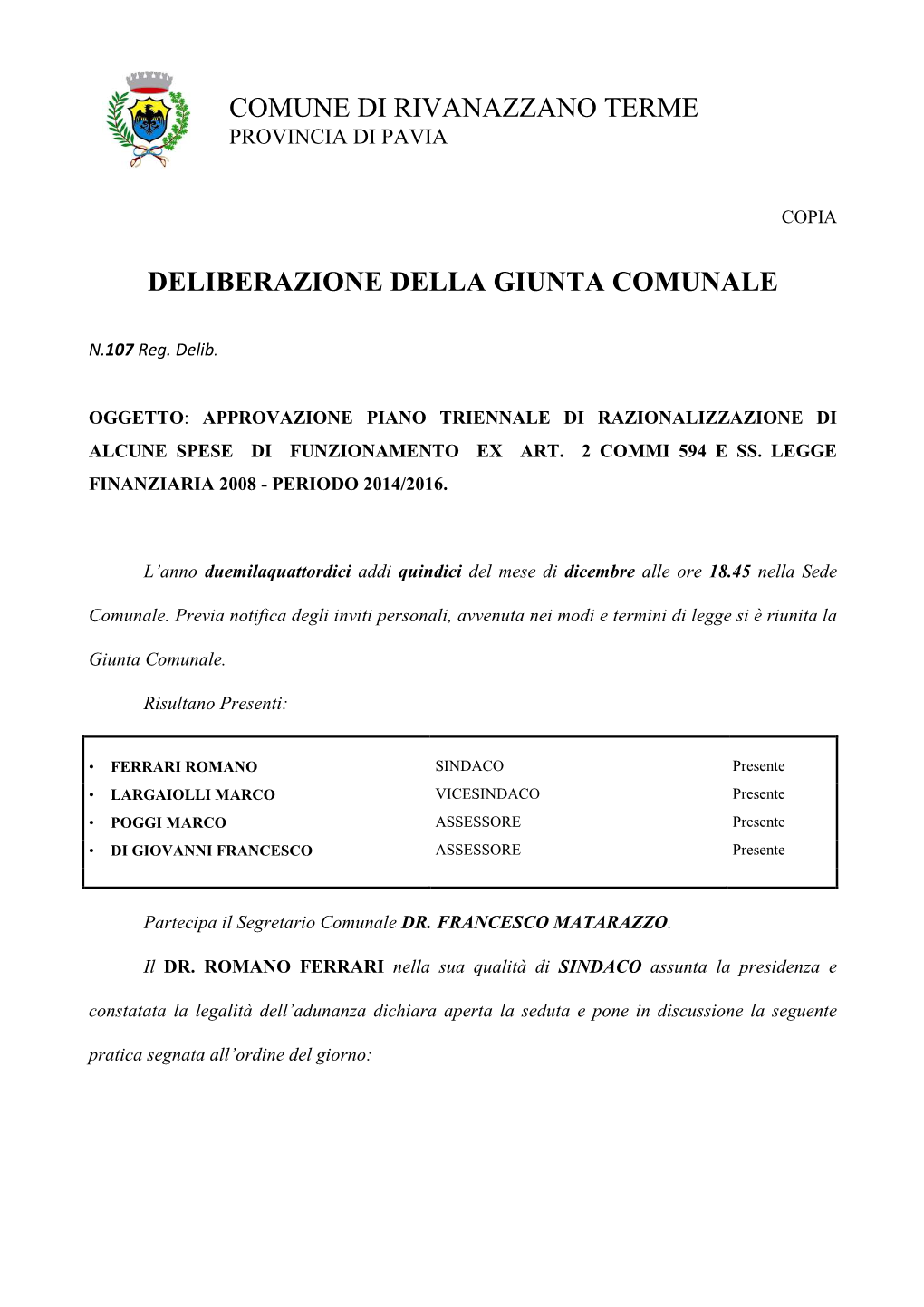 Comune Di Rivanazzano Terme Deliberazione Della Giunta