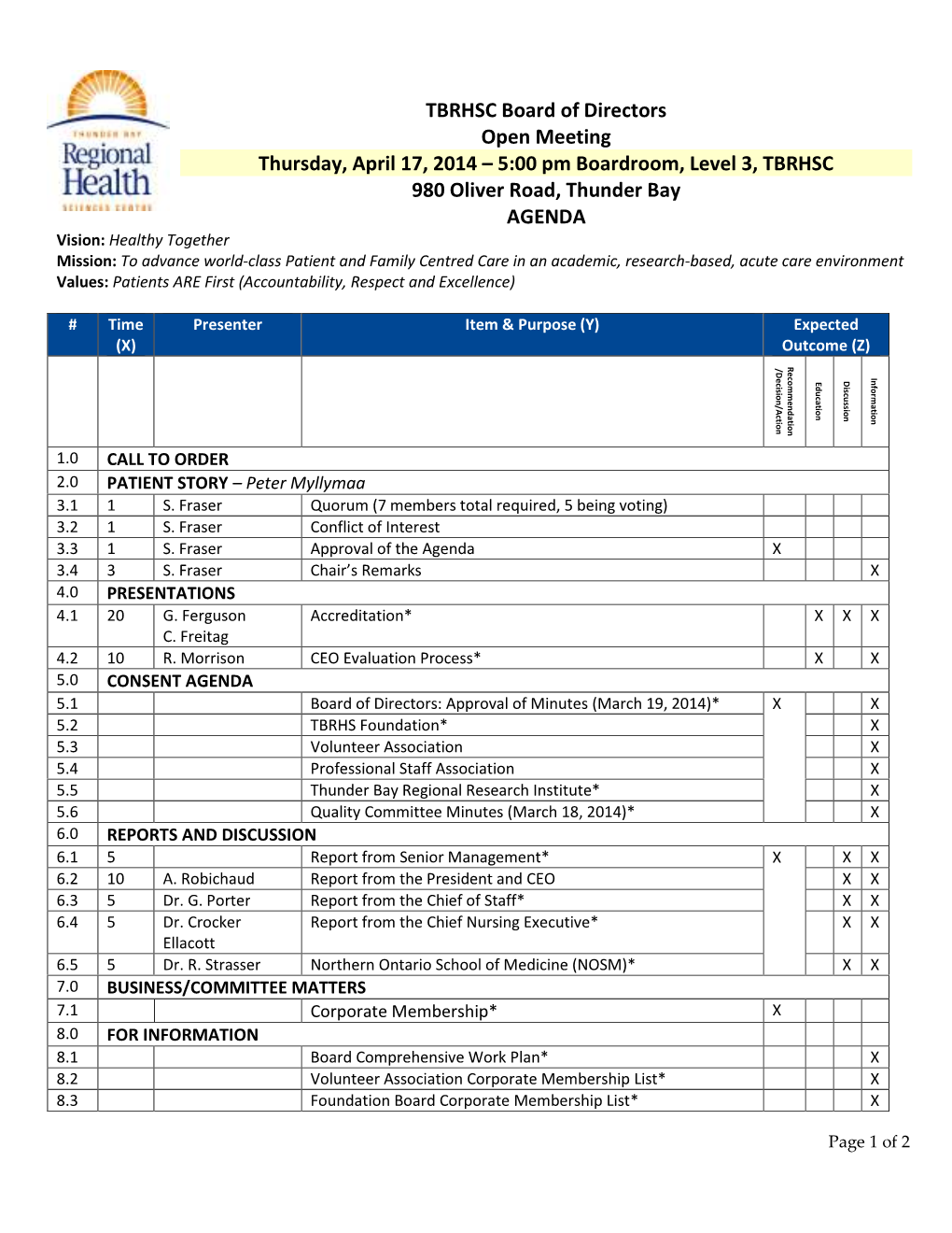 TBRHSC Board of Directors Open Meeting Thursday, April 17, 2014