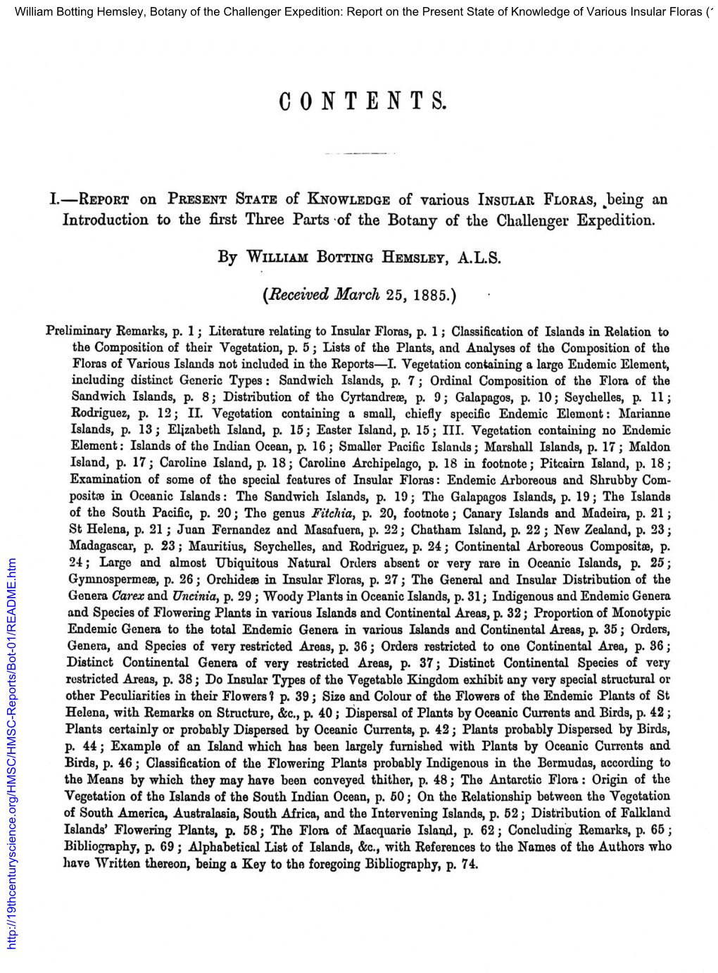 REPORT on PRESENT STATE of KNOWLEDGE of Various INSULAR FLORAS, Being an Introduction to the First Three Parts 'Of the Botany of the Challenger Expedition