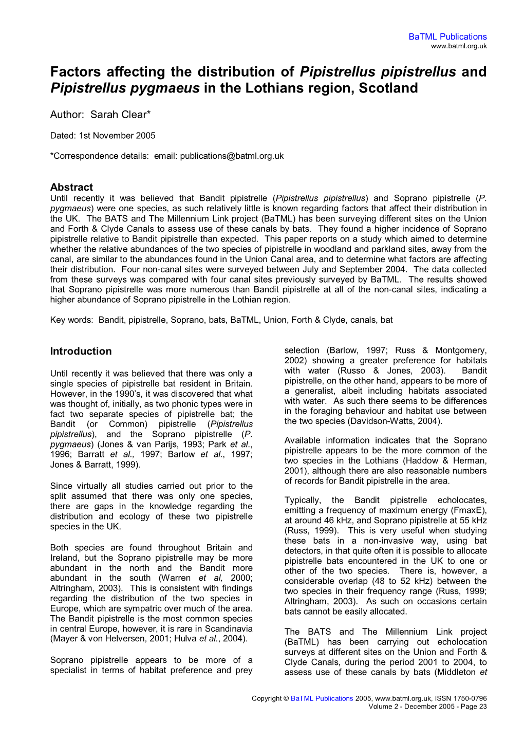 Factors Affecting the Distribution of Pipistrellus Pipistrellus and Pipistrellus Pygmaeus in the Lothians Region, Scotland