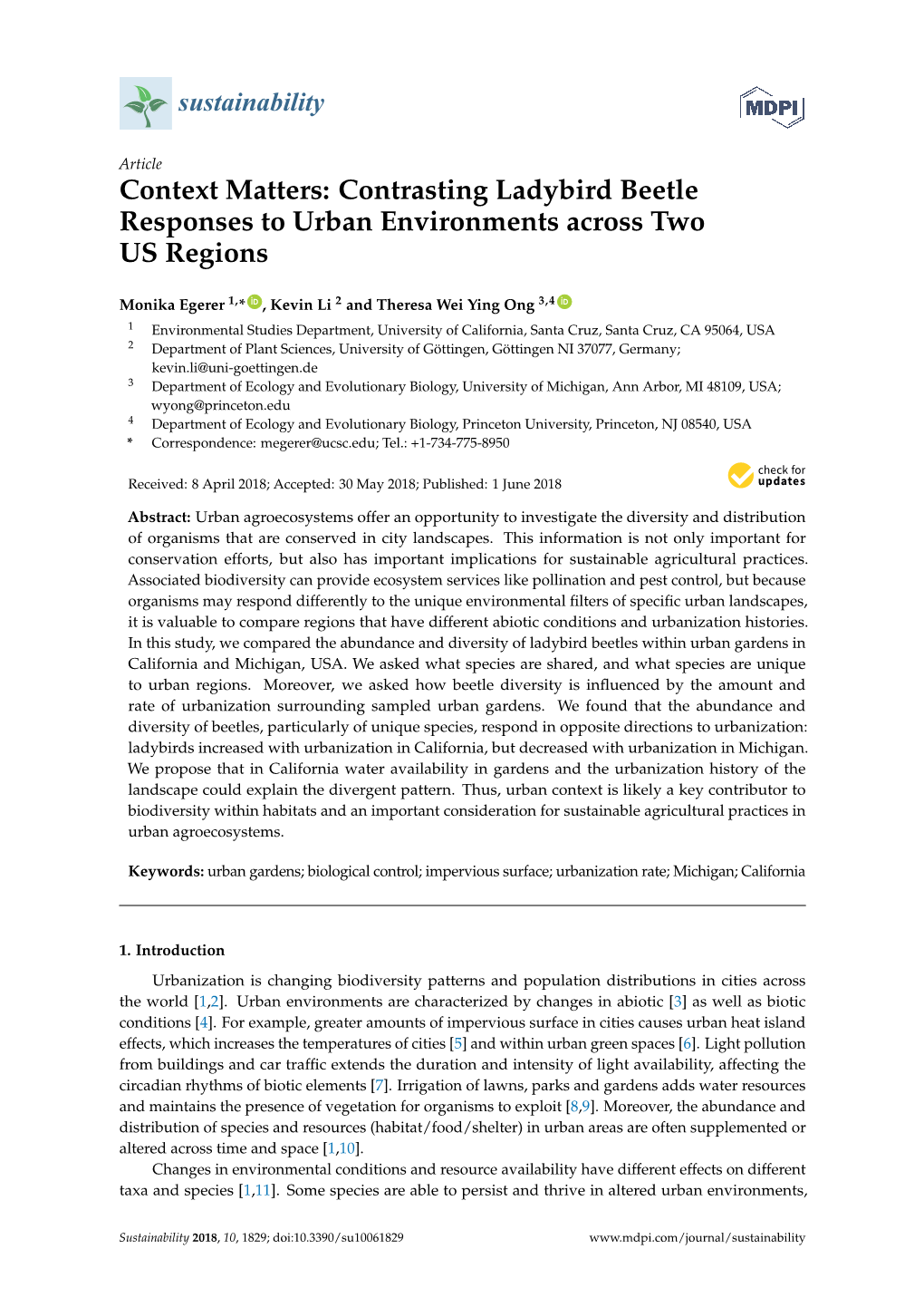 Contrasting Ladybird Beetle Responses to Urban Environments Across Two US Regions