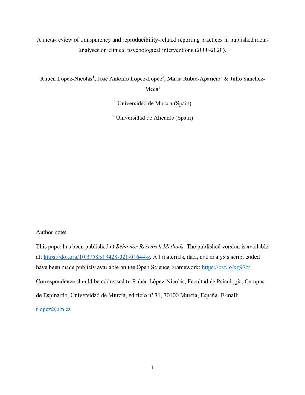 A Meta-Review of Transparency and Reproducibility-Related Reporting Practices in Published Meta- Analyses on Clinical Psychological Interventions (2000-2020)