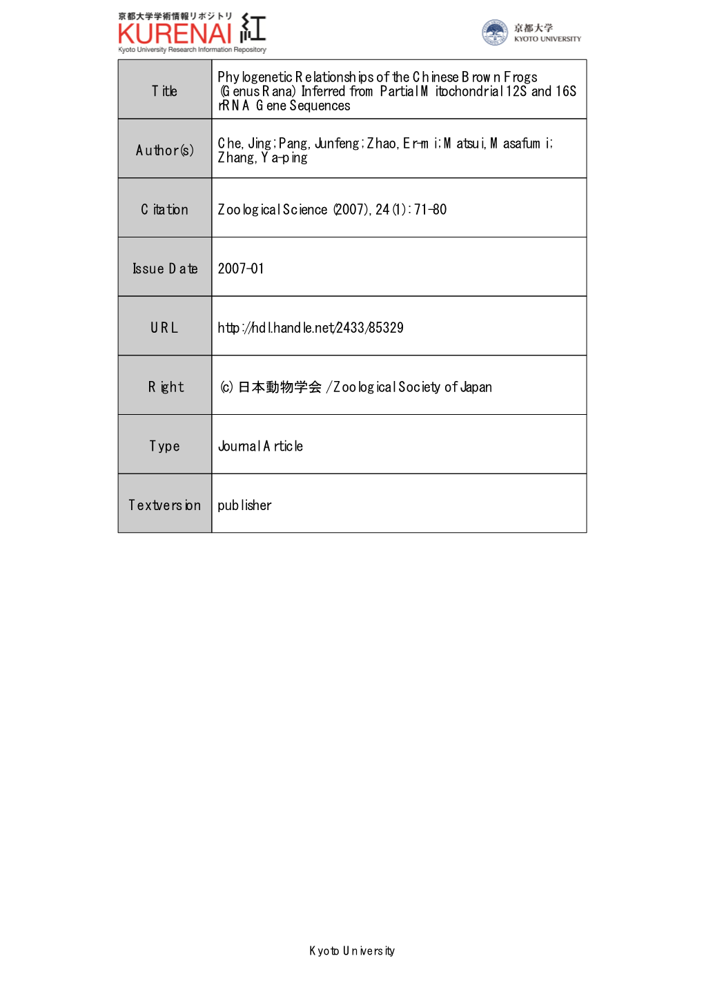 Title Phylogenetic Relationships of the Chinese Brown Frogs (Genus Rana)