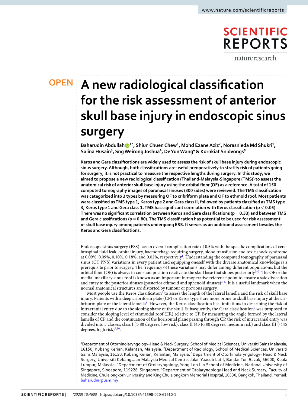 A New Radiological Classification for the Risk Assessment of Anterior Skull