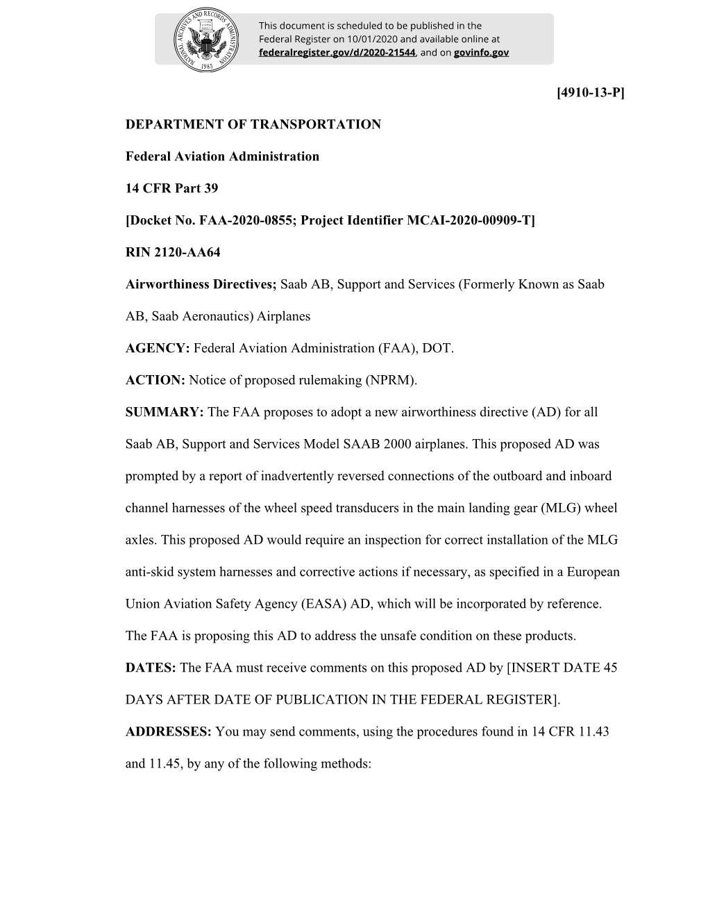 Docket No. FAA-2020-0855; Project Identifier MCAI-2020-00909-T]