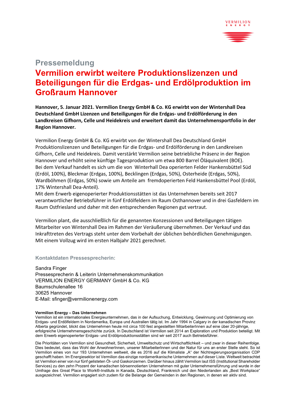 Vermilion Erwirbt Weitere Produktionslizenzen Und Beteiligungen Für Die Erdgas- Und Erdölproduktion Im Großraum Hannover