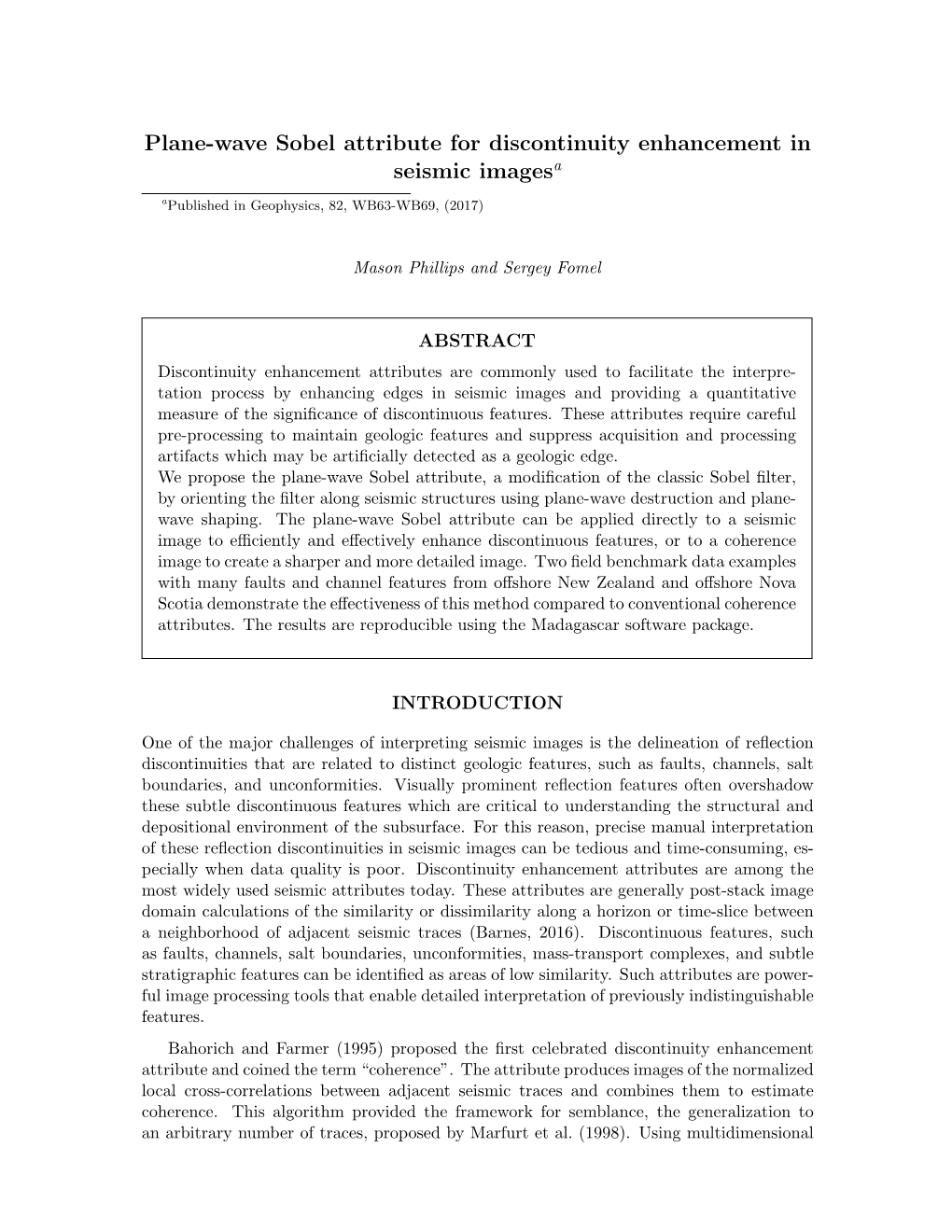 Plane-Wave Sobel Attribute for Discontinuity Enhancement in Seismic Imagesa