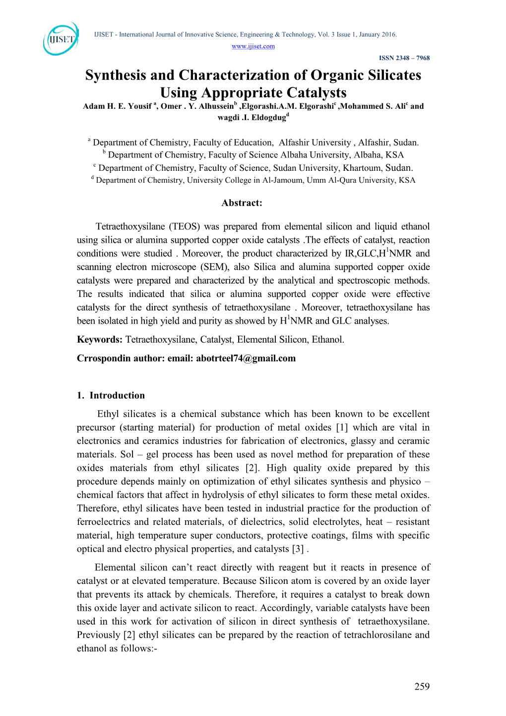 Synthesis and Characterization of Organic Silicates Using Appropriate Catalysts Adam H