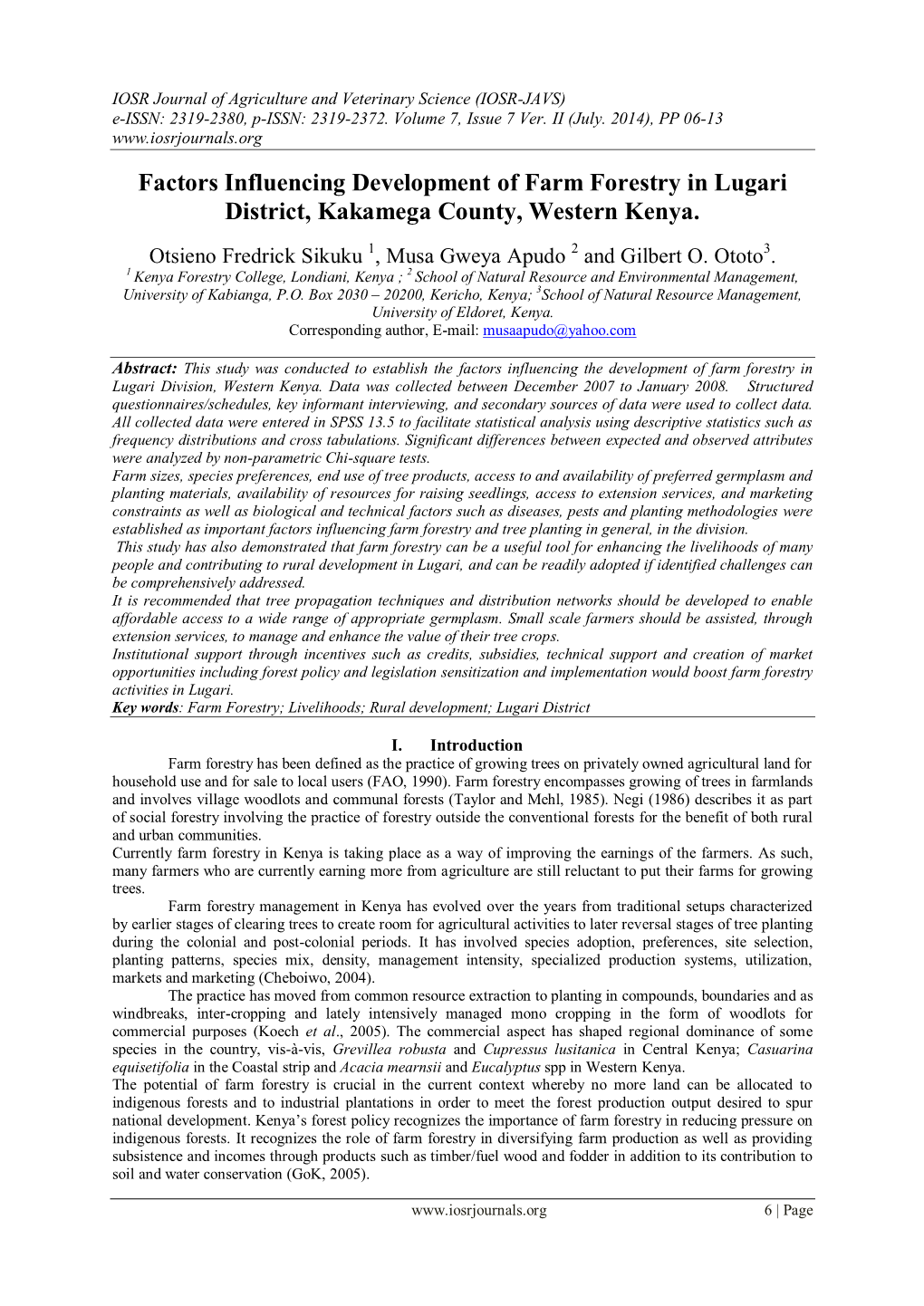 Factors Influencing Development of Farm Forestry in Lugari District, Kakamega County, Western Kenya