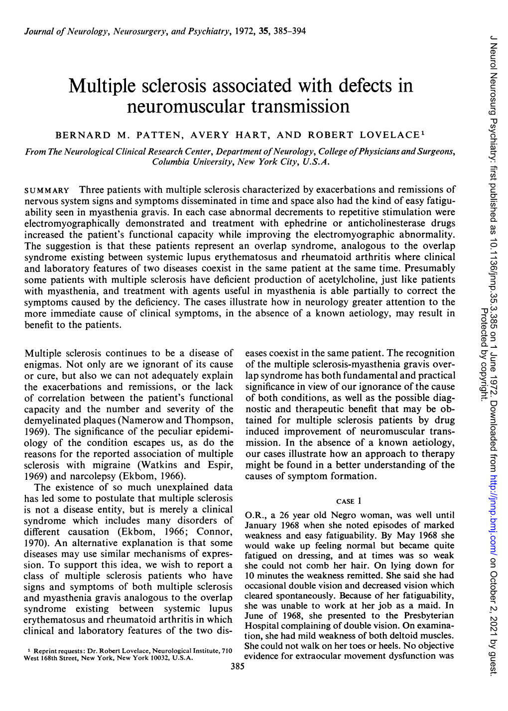 Multiple Sclerosis Associated with Defects in Neuromuscular Transmission