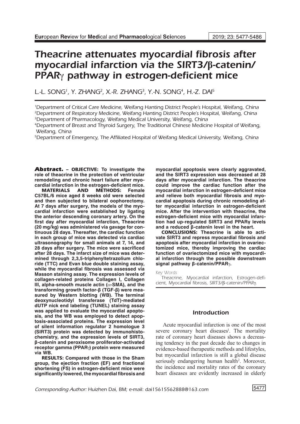 Theacrine Attenuates Myocardial Fibrosis After Myocardial Infarction Via the SIRT3/Β-Catenin/ Pparγ Pathway in Estrogen-Deficient Mice